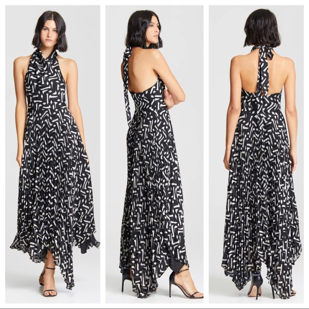NWT Halston Geometric Burnout Pleated Satin Cowl-Front Halter Dress
